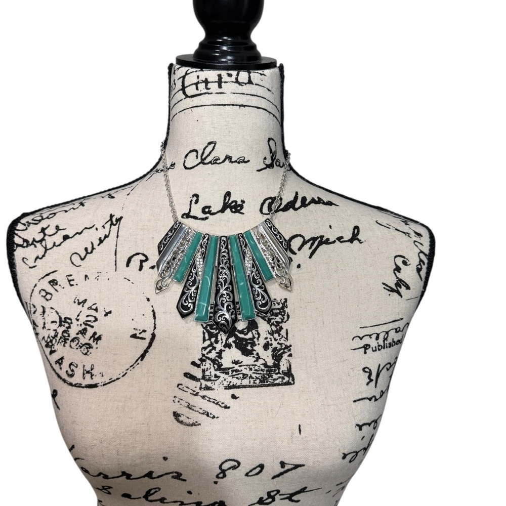 Southwestern Boho Turquoise Statement Necklace With Silver Filigree Detail